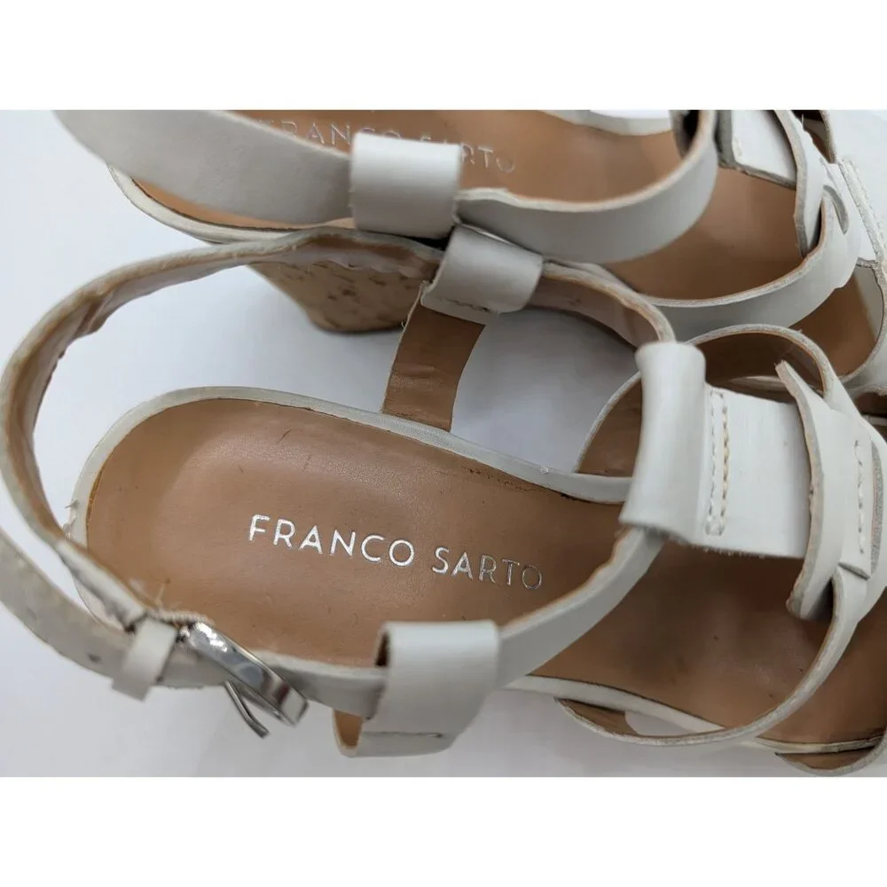 Franco Sarto White Leather Strappy Cork Wedge Sandals Size 7 With Adjustable Buc